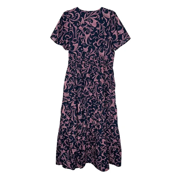 Anthropologie Maxi Dress Women XL Navy Pink Smocked Tiered Cotton Excellent - Image 7