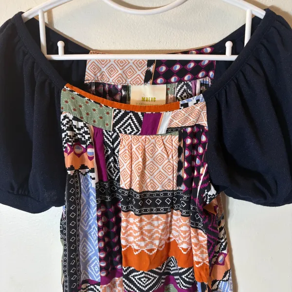 Anthropologie Maeve Catiana Patchwork‎ Puff-Sleeve Blouse Size XS - Image 3