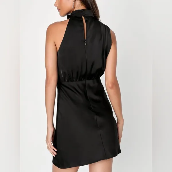 Lulus Modern Instinct Black Satin Mock Neck A-Line Mini Dress Women’s Sz S - Image 5