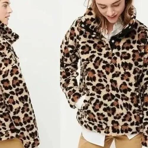 J.Crew Vintage Fleece Leopard Print Faux Fur Jacket Brown Tan Black Womens L - Image 2
