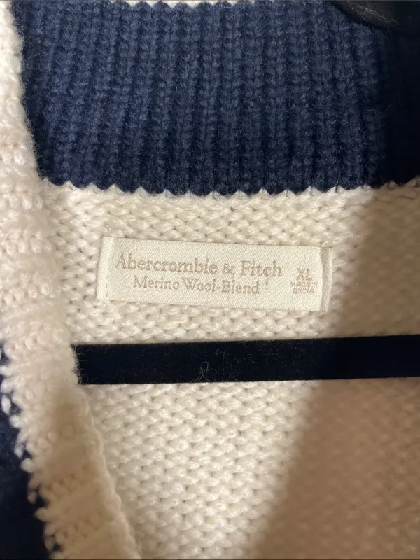 Abercrombie & Fitch Womens Merino Wool Chunky V Neck Sweater Ivory Navy Blue Xl - Image 4