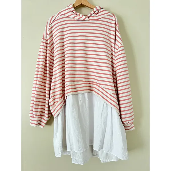 Anthropologie Pilcro Hooded Sweatshirt Twofer Mini Dress Large‎ Pink Stripe - Image 6