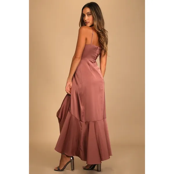 NWT Lulus Enchanted Moments Mauve Pink Satin Ruffled High-Low Dress Wedding Sz S - Image 3