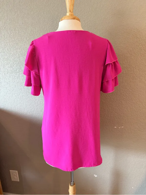 Entro Hot Pink Tiered Ruffle Sleeve V Neck Blouse Top Medium - Image 2