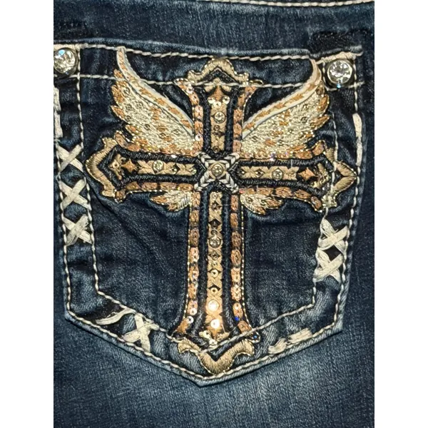Miss Me Mid-Rise Bootcut Jeans Dark Wash Embellished Cross Wings Y2K BKE 25x28 - Image 12