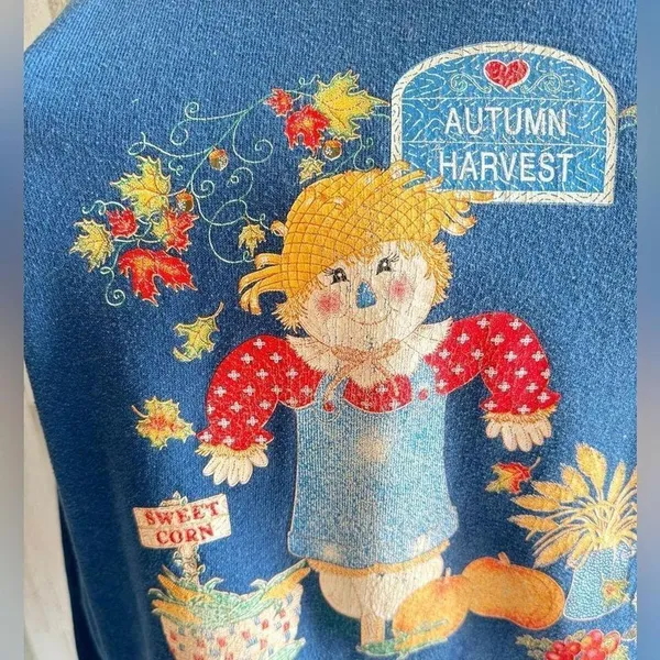 Vintage fall scarecrow sweatshirt made in‎ USA 2X fall pumpkins cat see photos - Image 5
