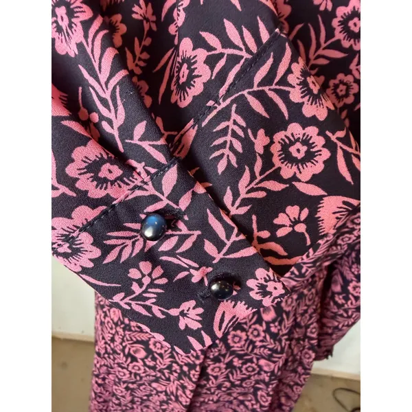 Nanette Lepore Floral Midi Dress Women 8 Navy Blue Pink Long‎ Sleeve Belted Boho - Image 9