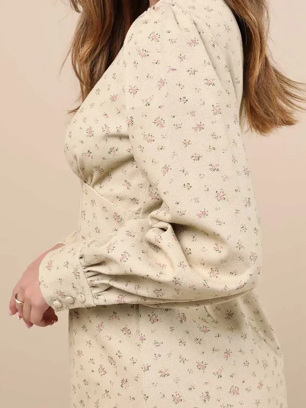 Lulu’s Darling Girl Beige Floral Twill Long Sleeve Mini Dress L - Image 2