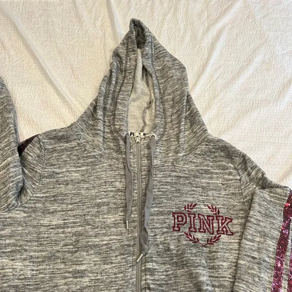 PINK vintage Bling vs gray zip up jacket with red sequins M women - Image 8