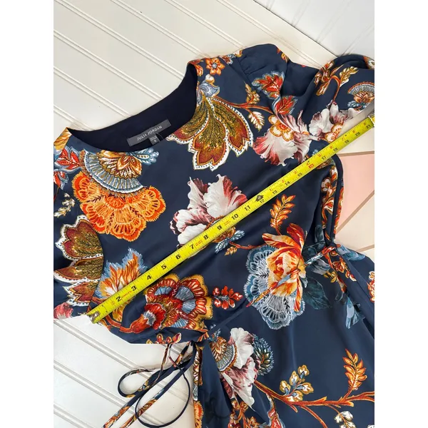 Julia Jordan Floral Print Tie Waist Tiered Midi Dress Blue Multi Drawstring M - Image 3