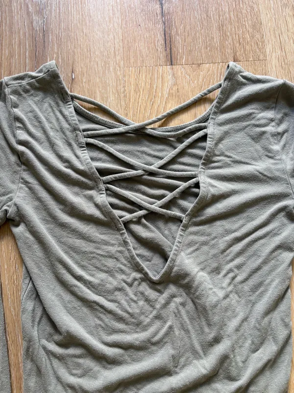 Forever 21 Olive Green Crop Long Sleeve Top with Criss Cross V Neck Back - Image 5