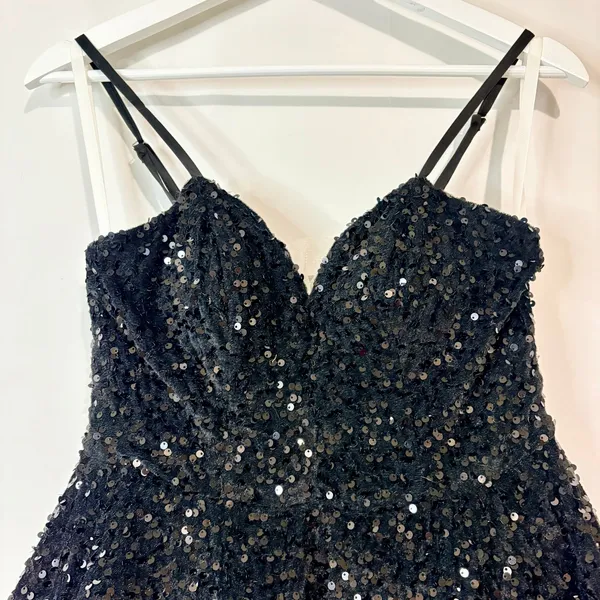 Women’s Velvet Sequin Tiered Mini Dress Black XS Small Party Cocktail - Image 2