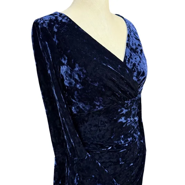 Lauren Ralph Lauren 10 Navy Blue Crushed Velvet Ruched‎ Bell Sleeve Dress Formal - Image 2
