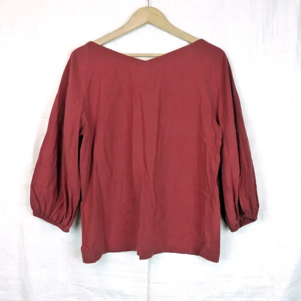 LOFT Linen Blend Peasant Top Womens M Rust Orange Balloon Sleeve Boat Neck Boho - Image 5