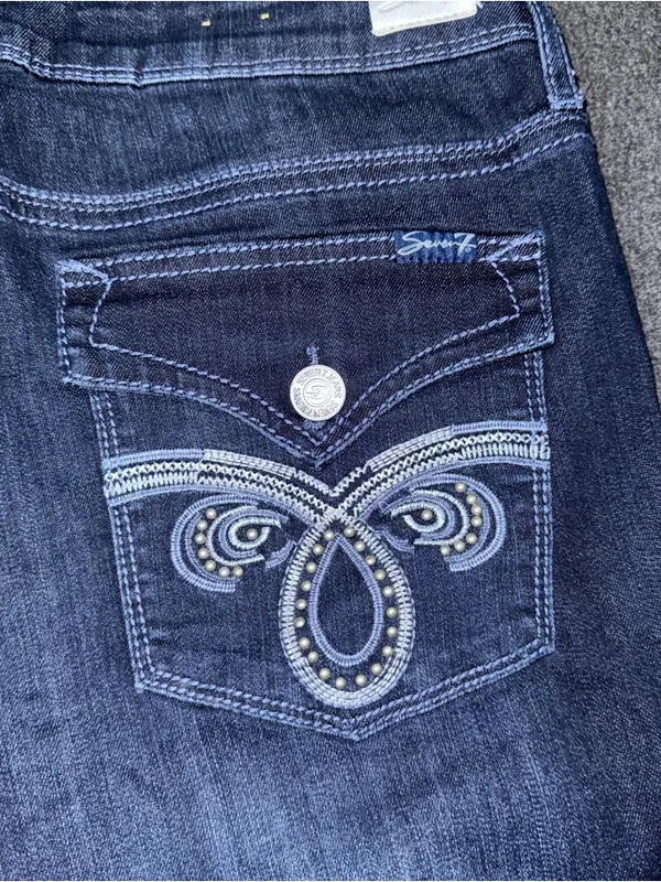 Seven7 Jeans Slim Boot Cut Dark Wash Embroidered Flap Pocket Womens 12 Stretch - Image 5