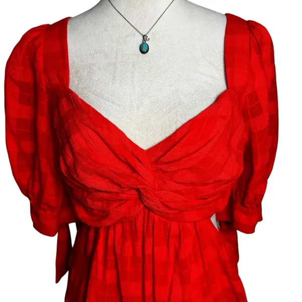 Cinq à Sept Red Puff Sleeve Babydoll Mini Dress M Mediterranean Vacation‎ Resort - Image 4