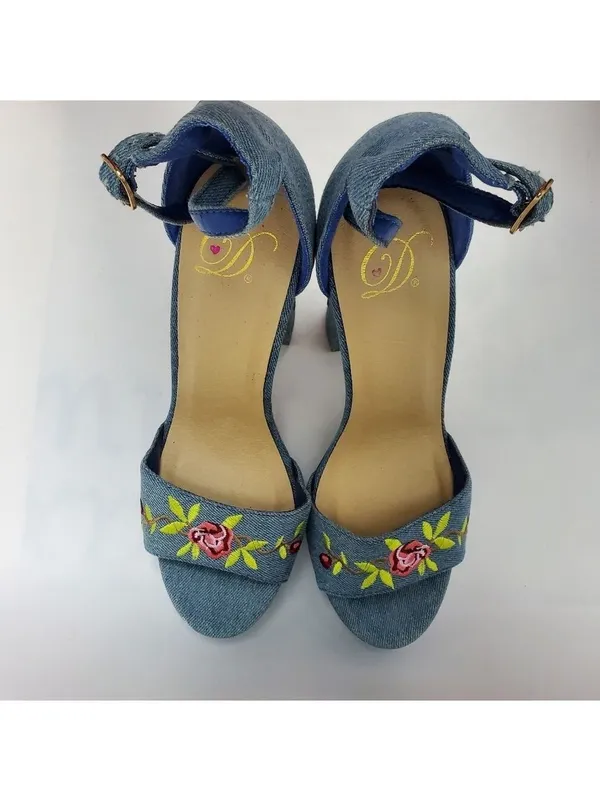 Heart in D Blue Denim Floral Embroidered Platform Heels Sandals Size 8 - Image 8
