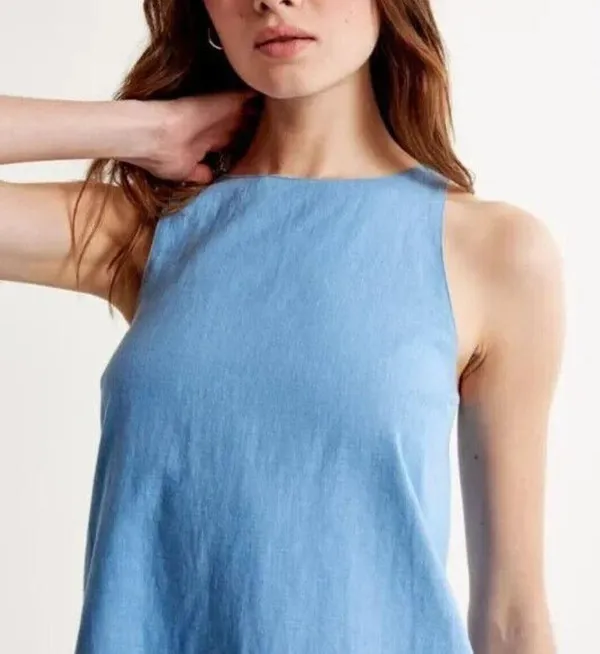 Abercrombie Light Blue High-Neck Linen-Blend Mini Dress Size Small - Image 2