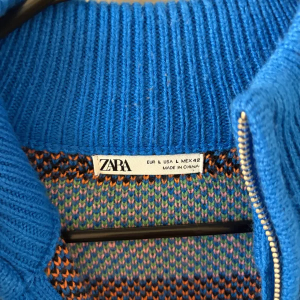 Zara Blue Half-Zip Jacquard Sweater Size Women’s Large - Image 5