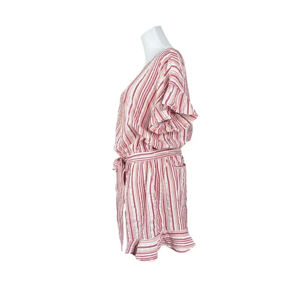 Loft Candy Stripe Romper LARGE Ruffled Sleeves Boat Neck Red Pink Tan - Image 2