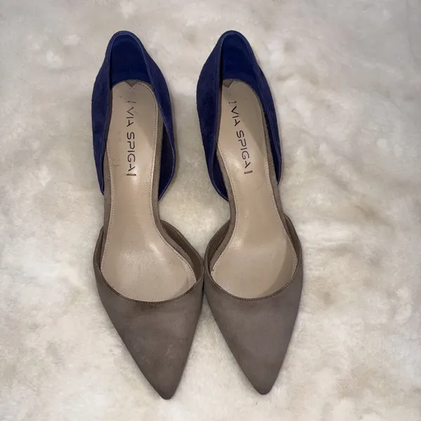 Via Spiga Two-Toned D'Orsay Genuine Leather Blue Taupe Suede Designer Pumps 8.5 - Image 3