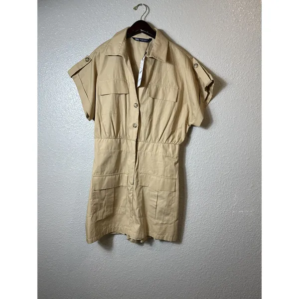 Zara Utility Beige Safari Mini Shirt‎ Dress/jumpsuit Size M - Image 3