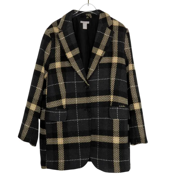 H&M Black and Cream Plaid Wool Blend Peacoat Medium - Image 2