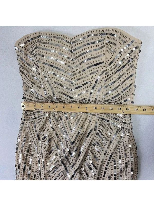 Temperance Dress M Beaded Sequin Strapless Cream Y2K Pom Bride Wedding Cocktail - Image 9
