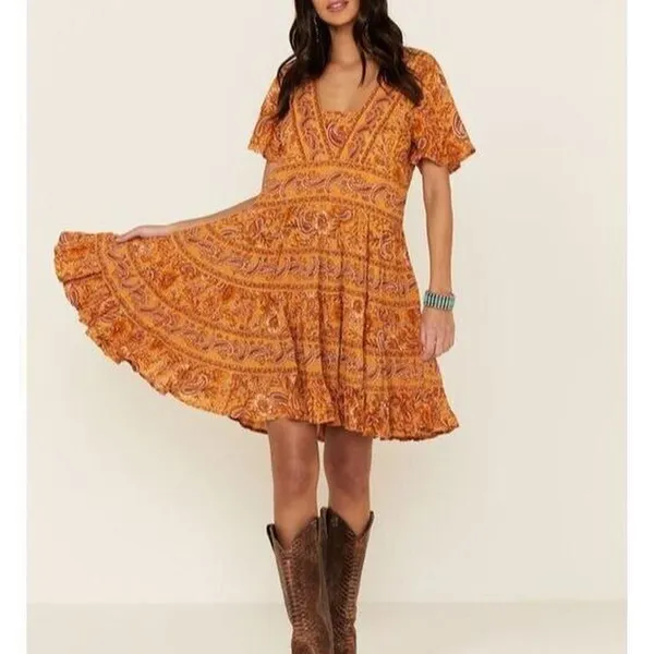PATRONS OF PEACE Anthro Toluca Border Orange Yellow Paisley Tiered Dress Tunic M - Image 2