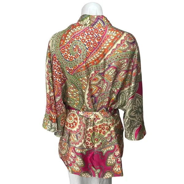 Zara Multicolor Satin Silk Paisley Print Duster Wrap Kimono Caftan Top Jacket - Image 6