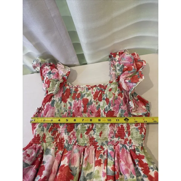 Entro Floral Smocked Mini Dress | Pink Ruffle Flutter‎ Sleeve Square Neck Large - Image 9