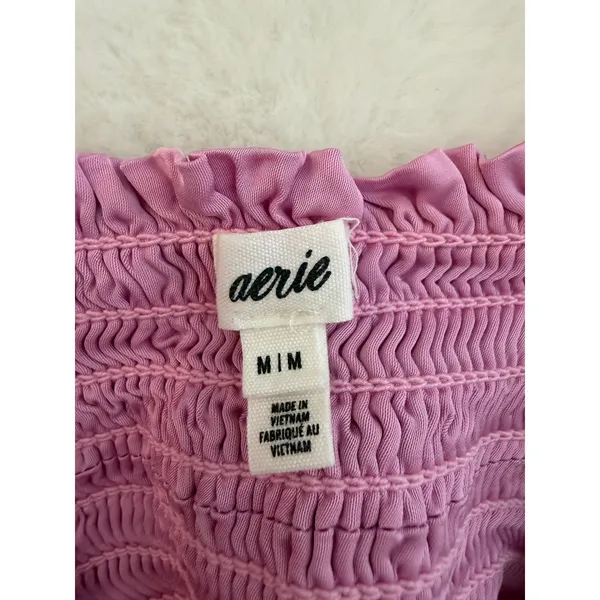 Aerie Pink Satin Smocked Back Crop Top Womens Size M V-Neck Bralette Cami - Image 2