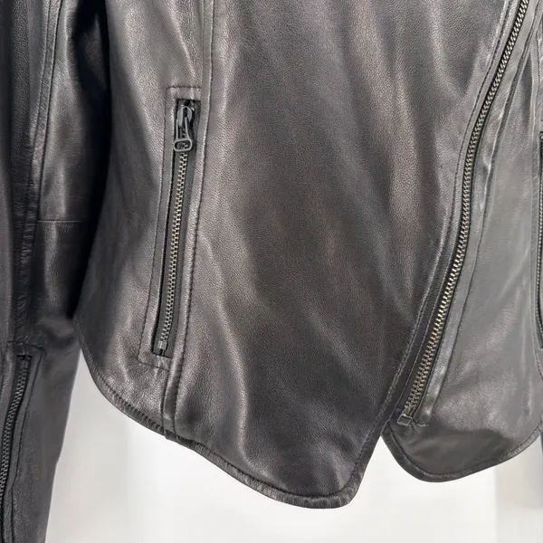 Alice + Olivia Black Lambskin Leather Asymmetric Drape Collar Moto Jacket Fits S - Image 3