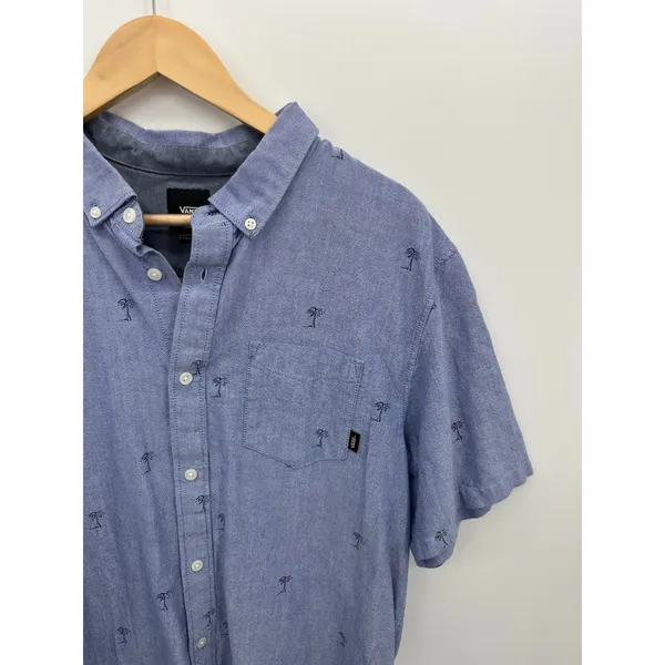 Vans Mens Large Blue Palm Tree Embroidered Short Sleeve Button Down Shirt Vaca - Image 3