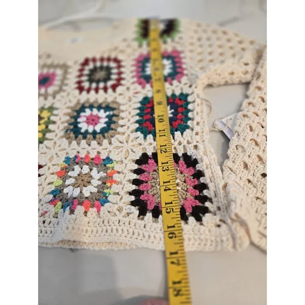 Luna Ivy Granny Square Crochet Sweater Cream Colorful Open Knit Women Size S NWT - Image 9