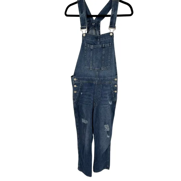 GAP Denim Slouchy Overalls Distressed Medium Wash Bib Jeans Size M Ankle Length - Image 3