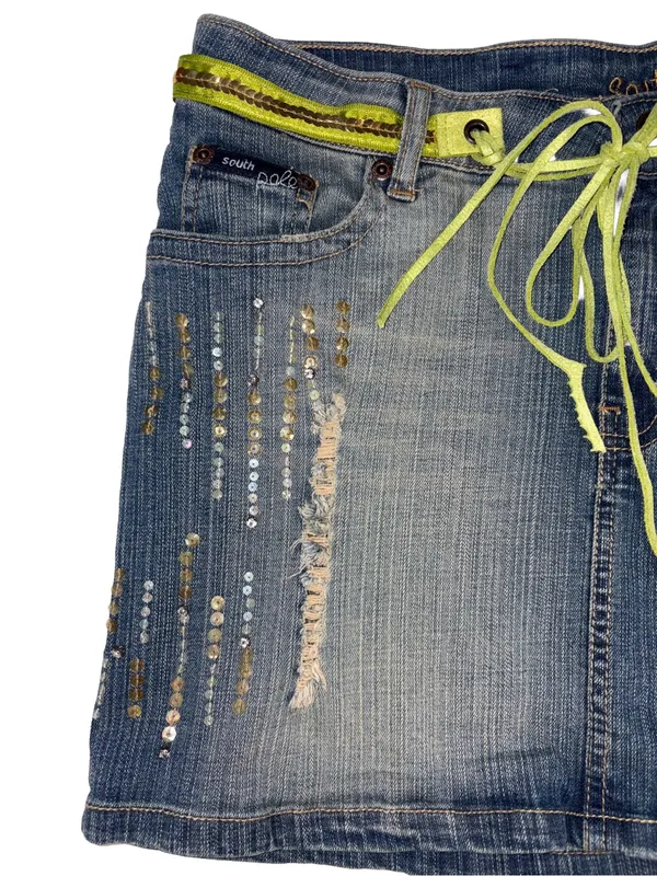 Vintage Y2K Southpole Jeans Sequin Distressed Denim Mini Skirt Size 13 - Image 5