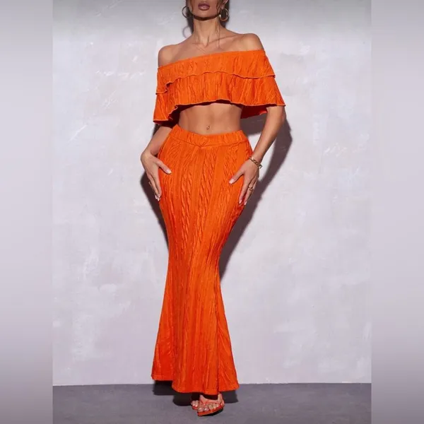 Elegant Orange Women's Top & Skirt Set - Image 3