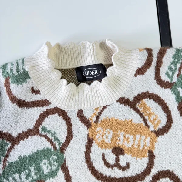 CIDER Cream Bear Print Knit Sweater with Long Ribbed Cuffs - Size S - Image 5