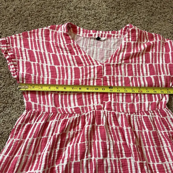 Women's Michelle McDowell Pink & White Cotton Dress‎ V Neck Elastic Waist Large - Image 4