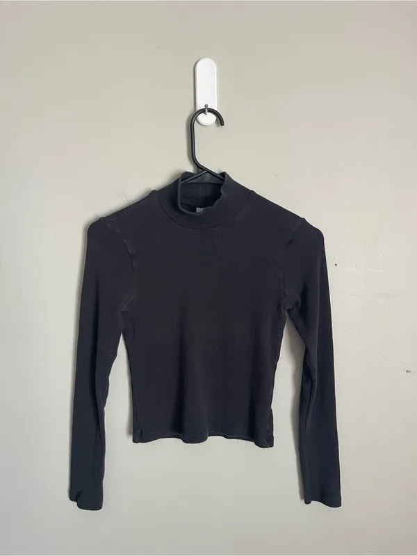 AMERICAN APPAREL Black Ribbed Mock Neck Long Sleeve Crop Top Sz S - Image 2