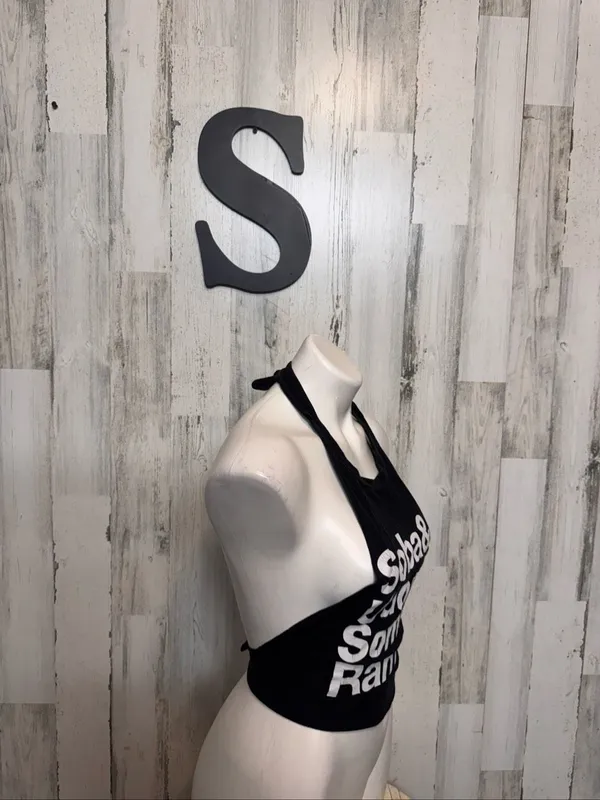 Japanese Noodle Graphic Halter Crop Top Womens S Black Backless Tie Festival - Image 4