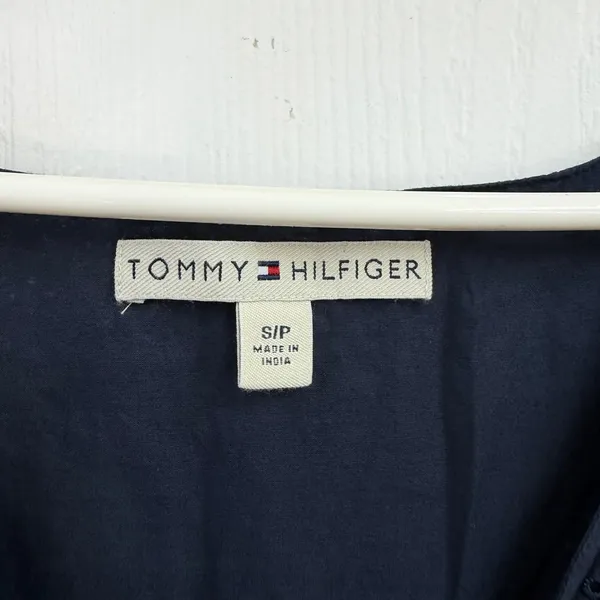 Tommy Hilfiger navy blue sleeveless embroidered hem zip casual knee dress small - Image 3