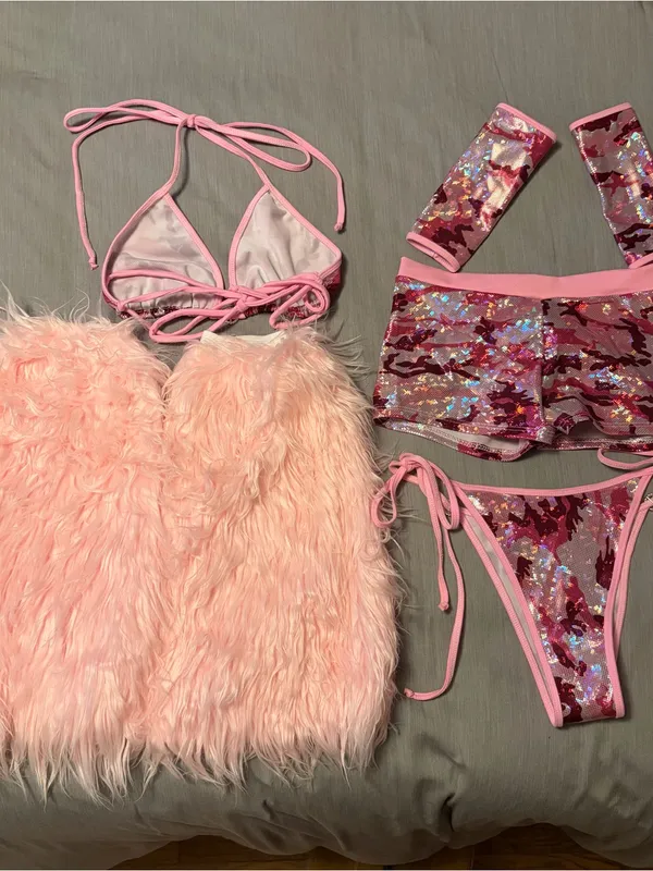 RageKage Small Pink Camo Bikini Set, Low Rise Shorts, Arm Sleeves, Leg Fuzzies - Image 6
