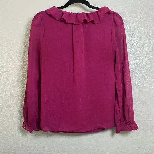 J. Crew Factory Fuchsia Shimmery Polka Dot Ruffle Blouse Small Going Out Casual - Image 2