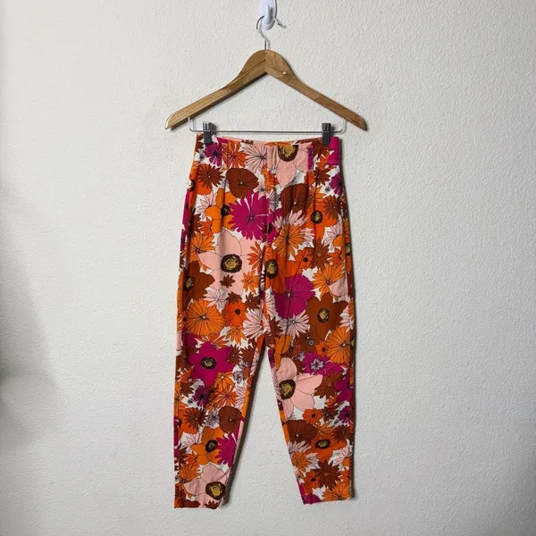 Free People Tessa Tapered Trousers Orange Floral Womens Pants Size 0‎ - Image 2
