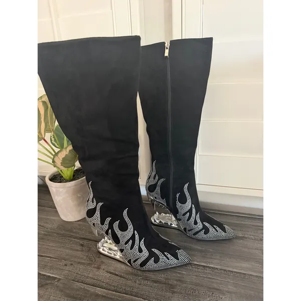 Others Follow Women Size 8 Wedge Heel Flame Rhinestone Point Toe Knee High Boot Fashion Trendy - Image 9