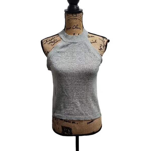 Miou Muse Top‎ Womens Size Medium Grey Sleeveless Mock Neck Ribbed Knit - Image 3