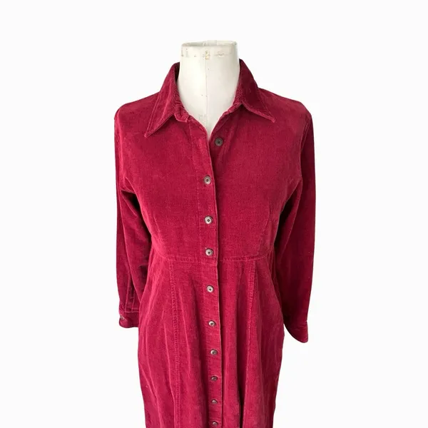 Vintage 90s Eddie Bauer Corduroy Maxi Shirt Dress Women’s 8 Petite Red Cottage - Image 2