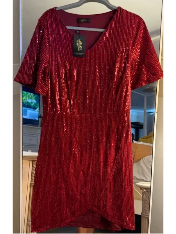 NEW Sequin Cocktail Prom Dress Semi Formal V Neck Short Sleeve XL - Image 4